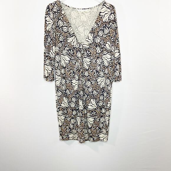 DVF Diane Von Furstenberg Silk Jersey Knit Black Tan Cream Floral Dress Size 8 - Picture 1 of 6